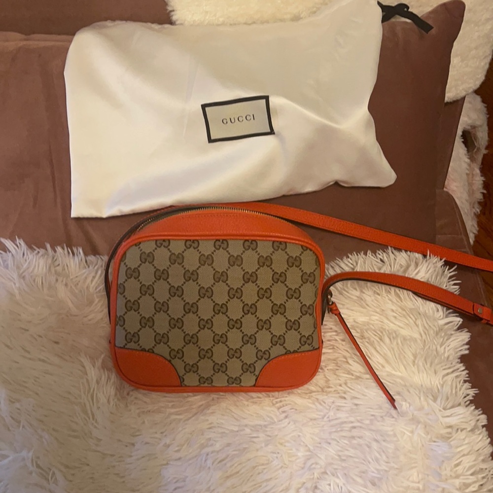 Gucci camera crossbody bag orange leather trim monogram